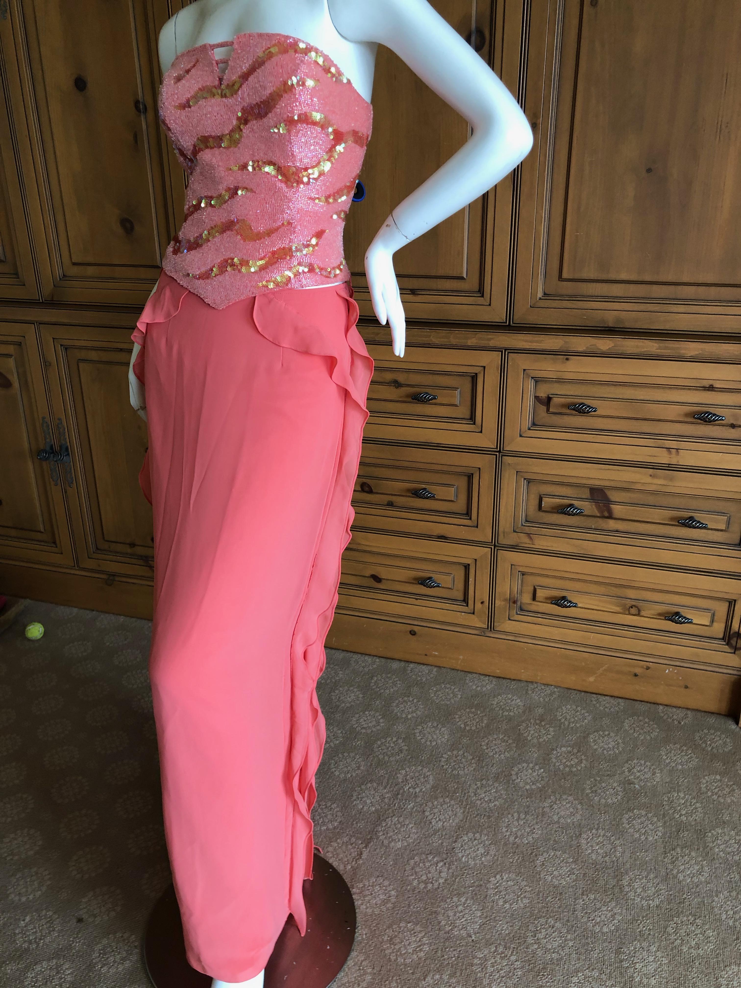 Versace Coral Vintage SIlk Bustier Dress with Glass Bugle Beading and Sequins  For Sale 2