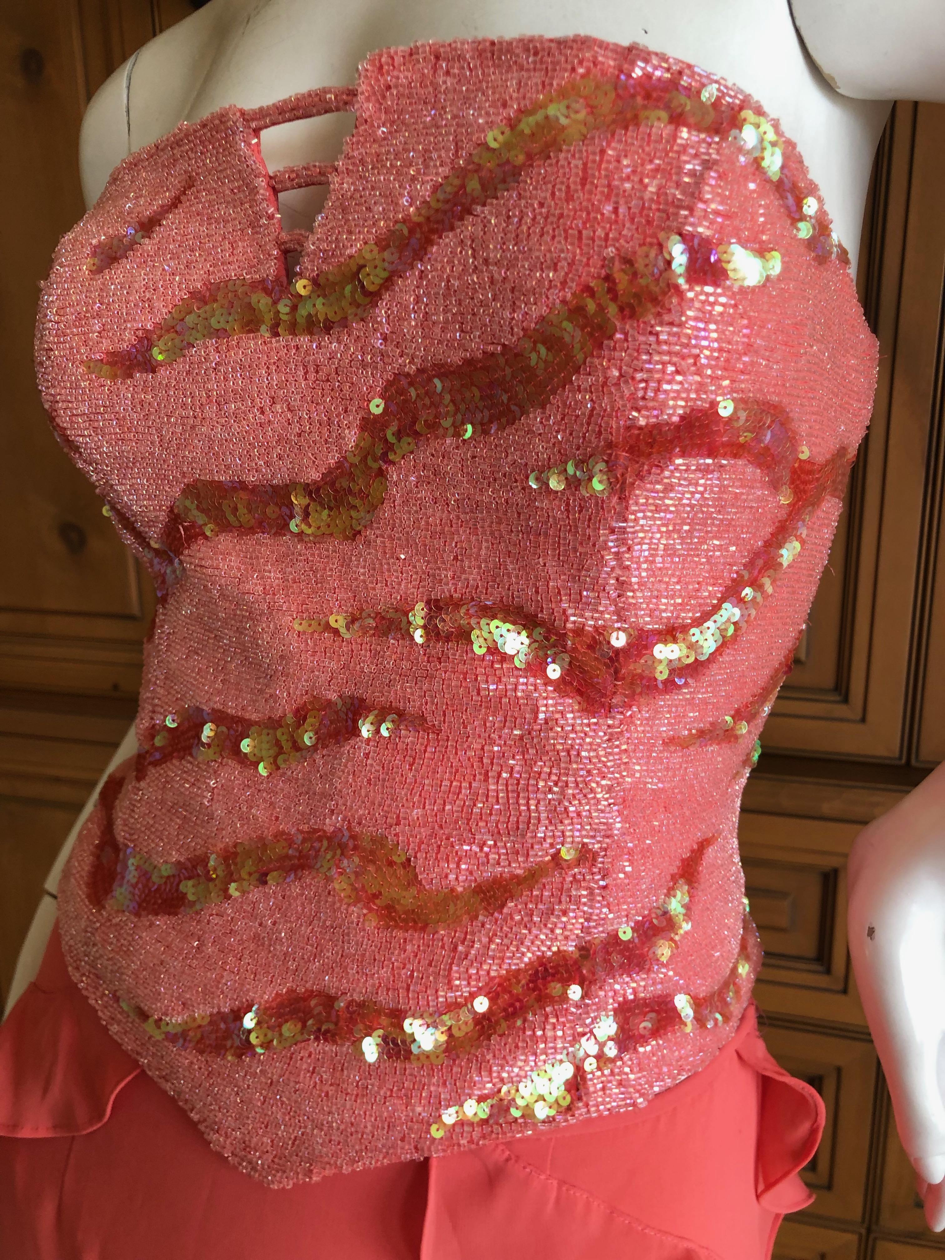 Versace Coral Vintage SIlk Bustier Dress with Glass Bugle Beading and Sequins  For Sale 3