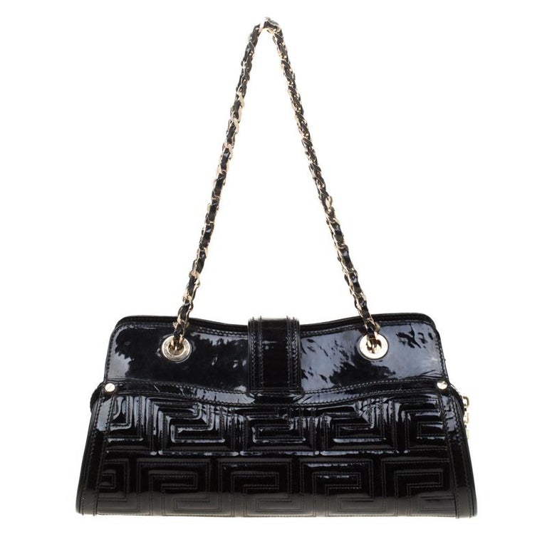 Versace Couture Black Quilted Patent Leather Shoulder Bag For Sale at