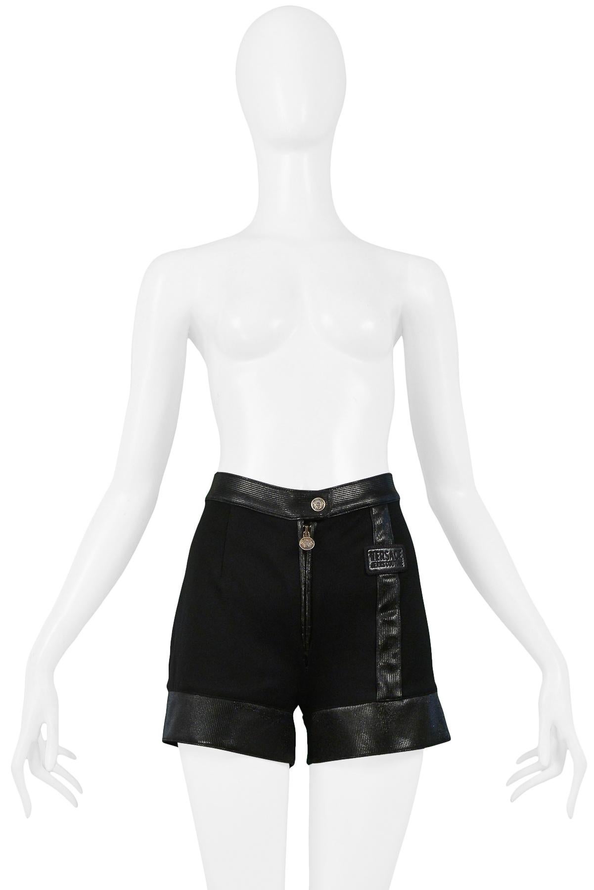 Versace Couture Black Shorts With Vinyl Trim In Good Condition For Sale In Los Angeles, CA