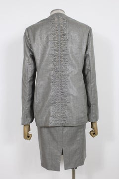 Versace Couture Gray Lamè Wool Skirt Suit 90s