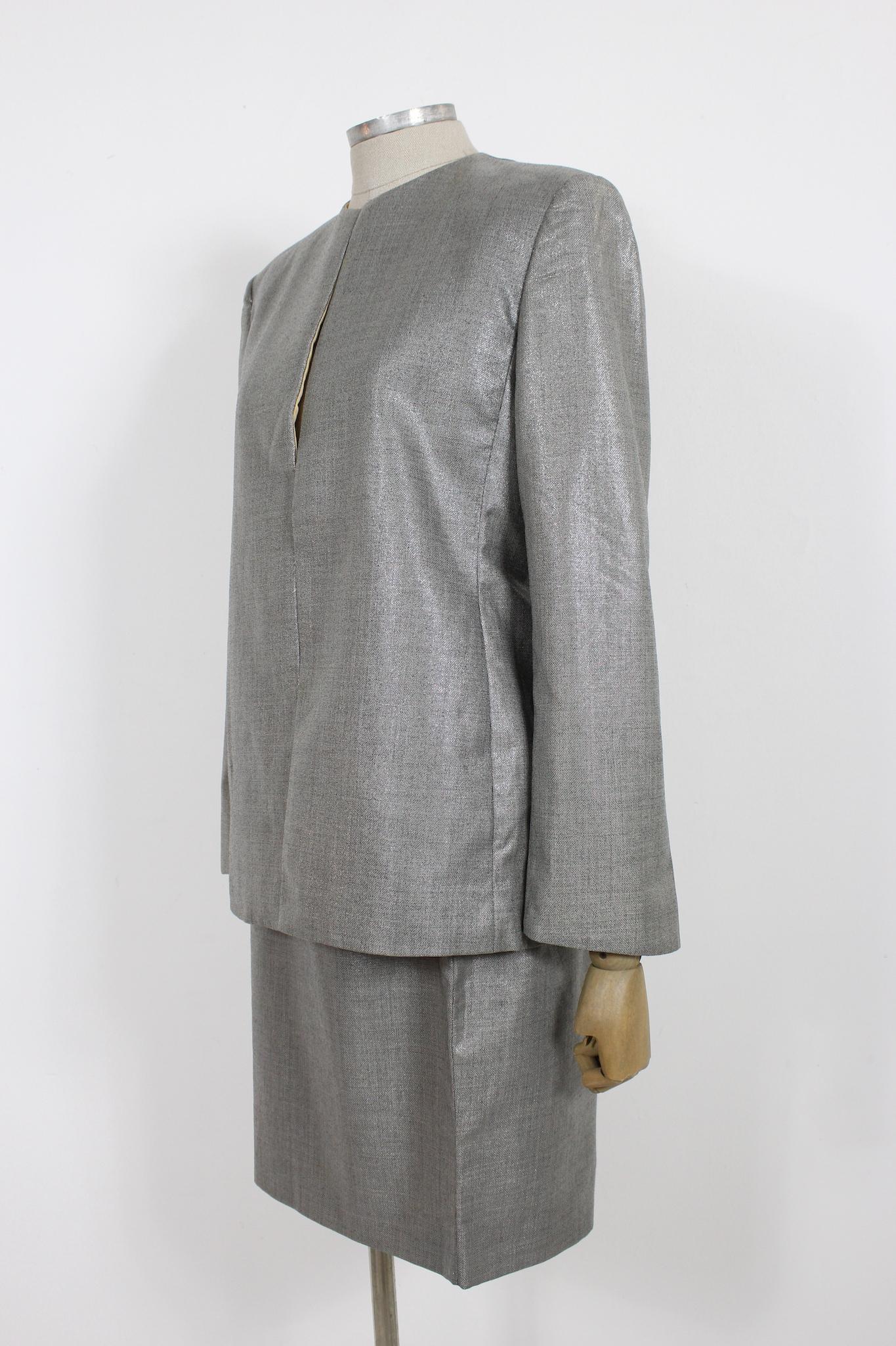 Women's Versace Couture Gray Lamè Wool Skirt Suit 90s For Sale