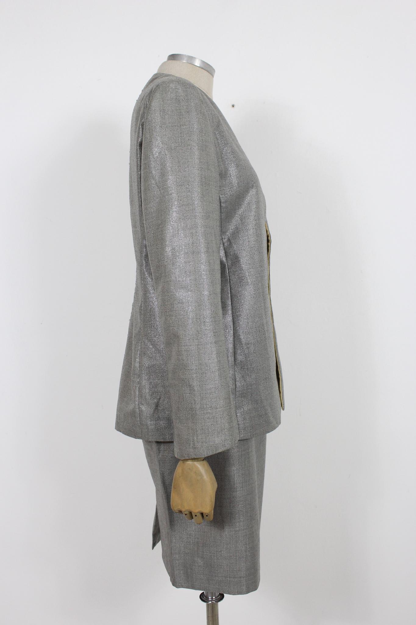 Versace Couture Gray Lamè Wool Skirt Suit 90s For Sale 1