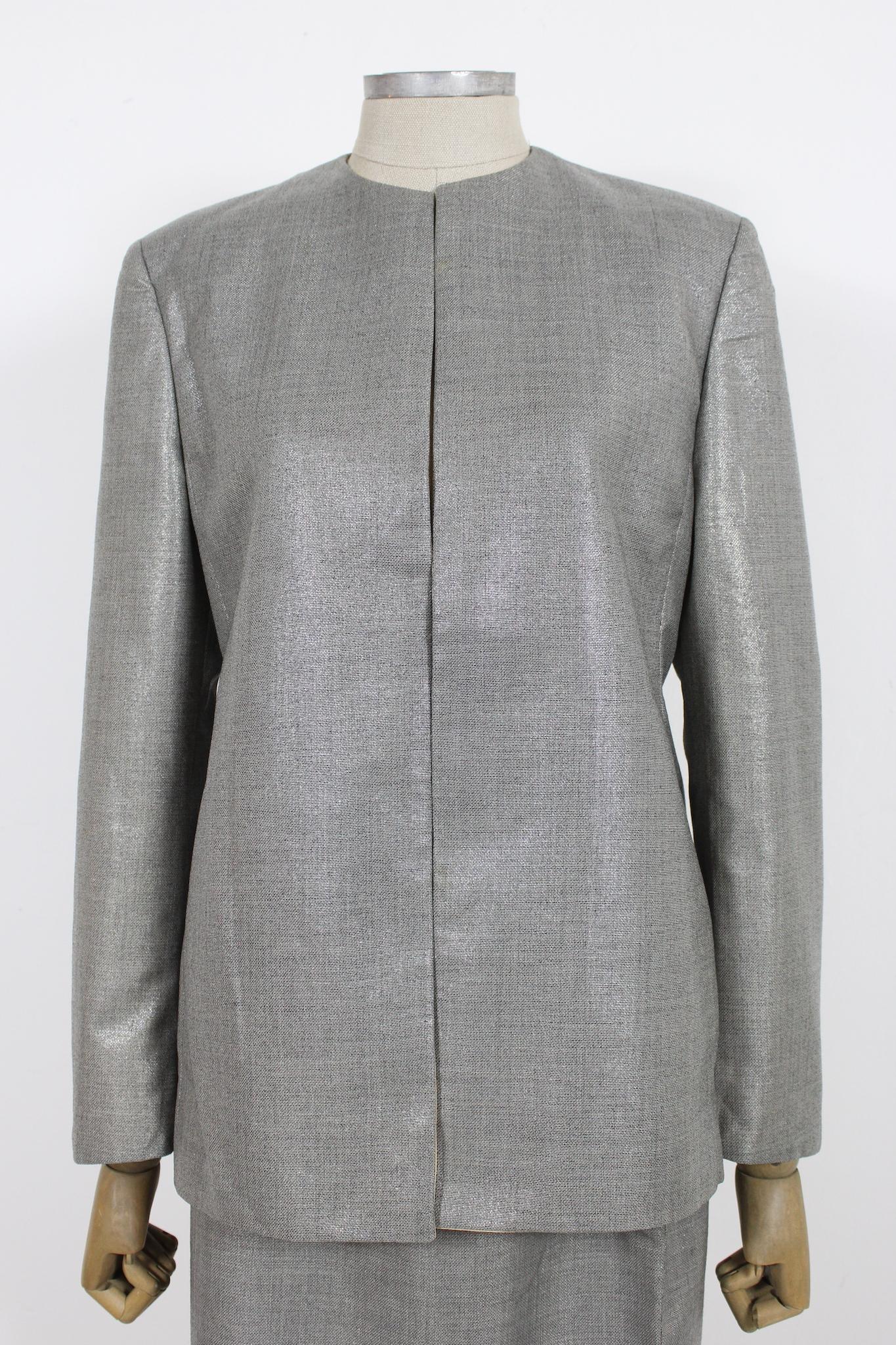 Versace Couture Gray Lamè Wool Skirt Suit 90s For Sale 2