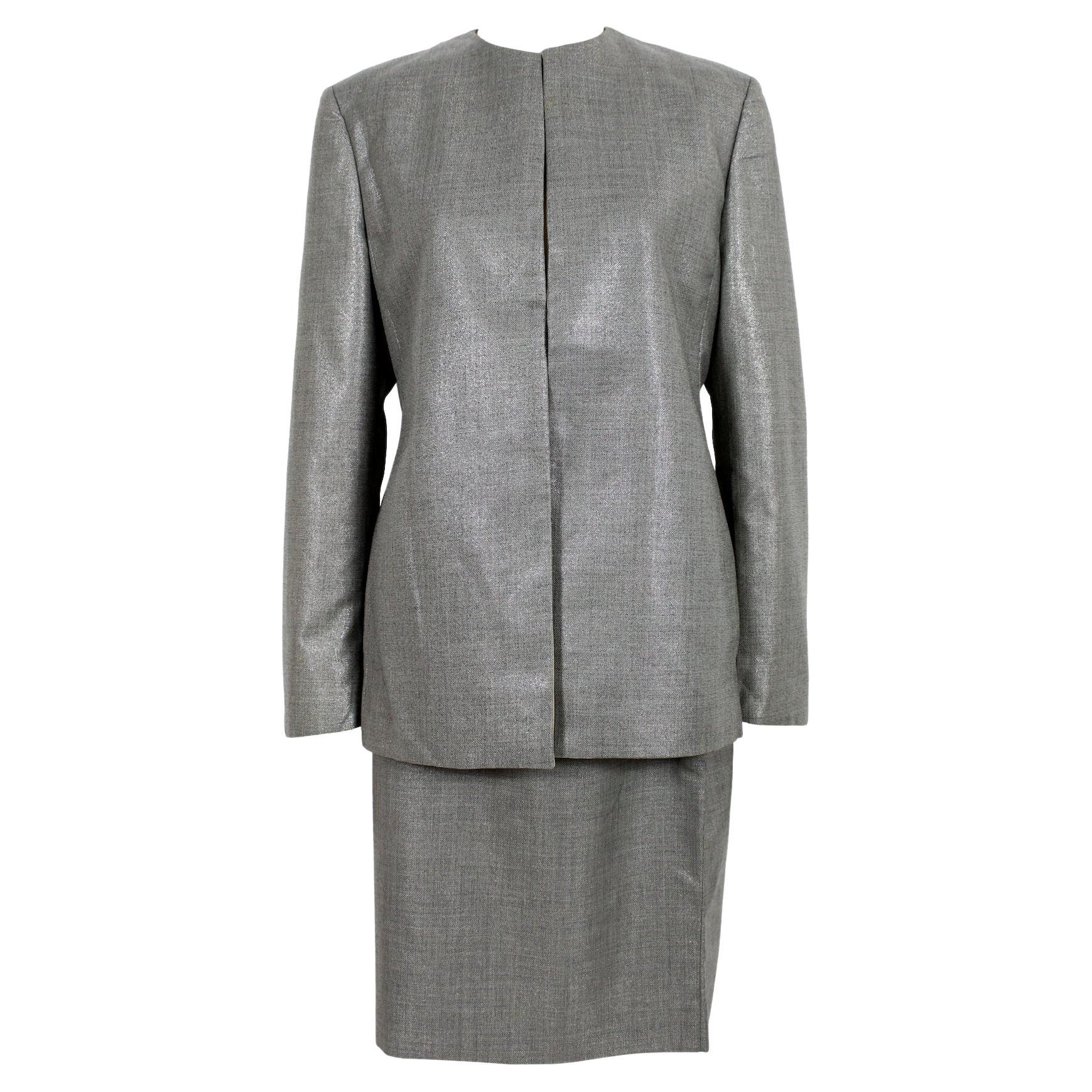 Versace Couture Gray Lamè Wool Skirt Suit 90s For Sale