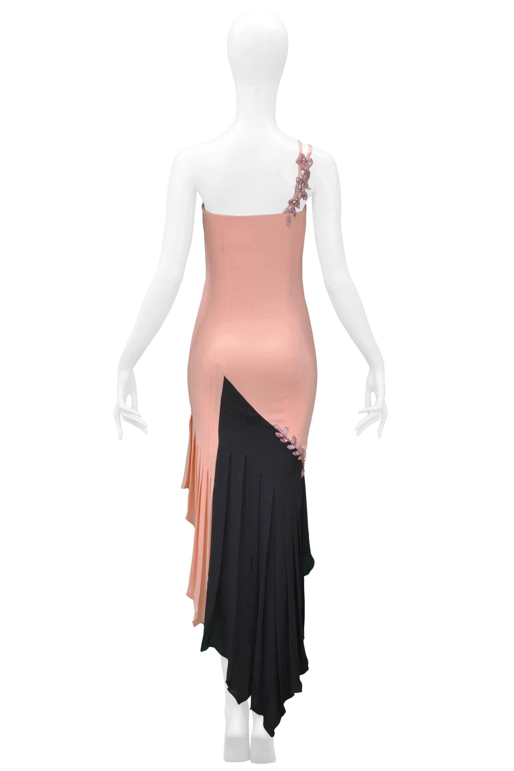 Beige Versace Couture Pink & Black Beaded Dress With Rhinestones C. 1997 For Sale