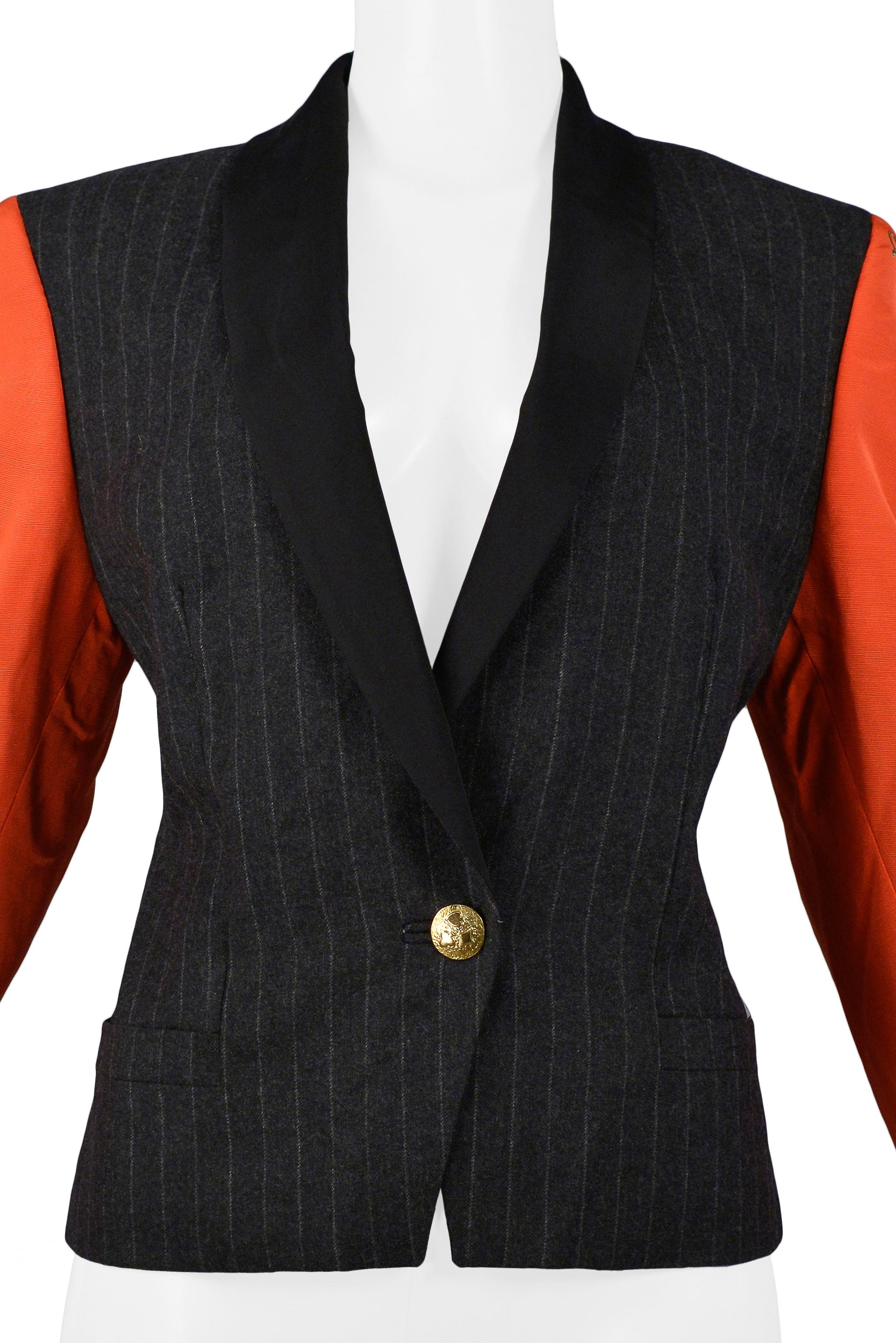 Black Versace Couture Pinstripe Blazer With Red Printed Sleeves 1990 For Sale