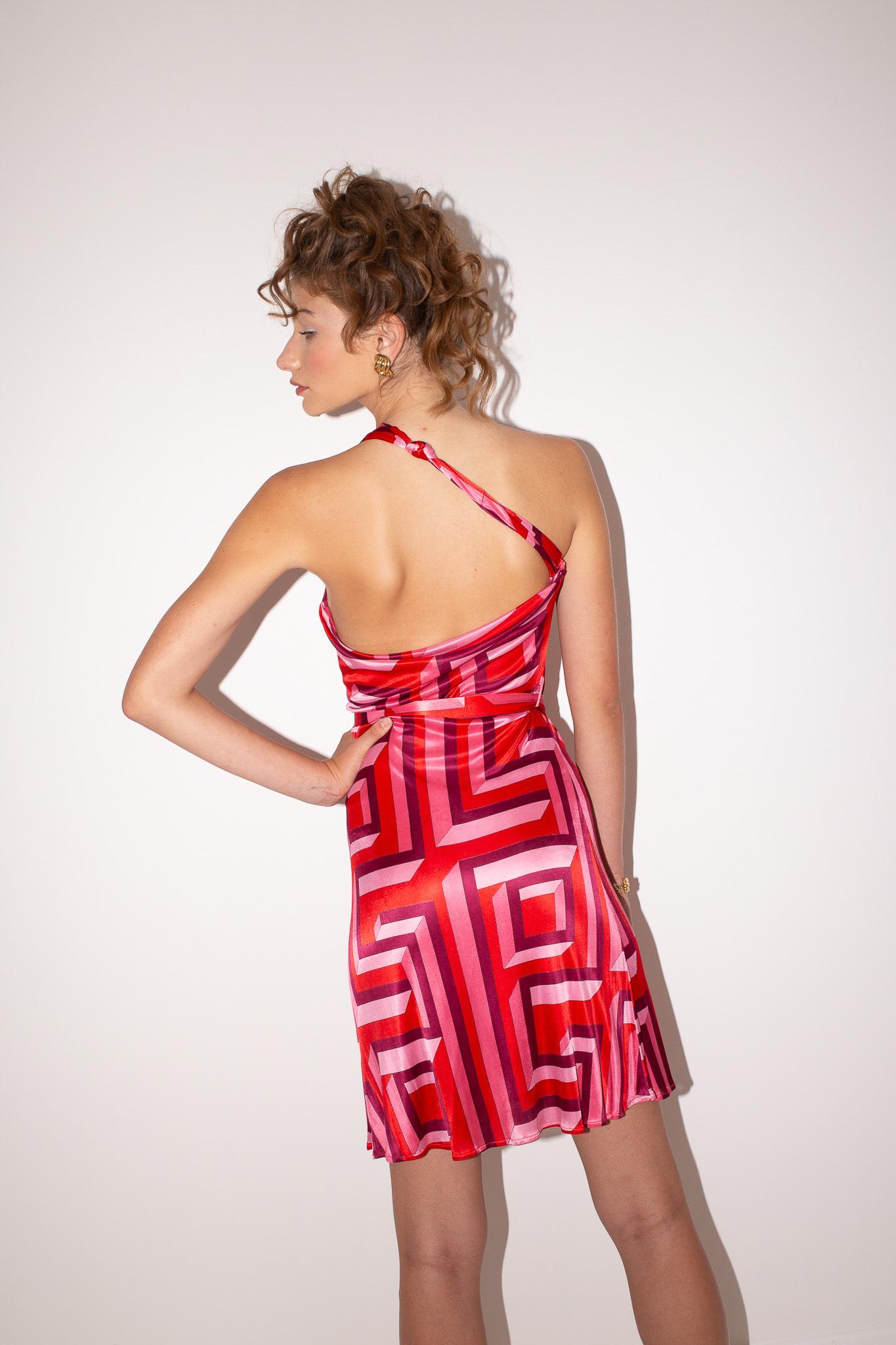 Versace Couture S/S 2001 Greek Key Print One Shoulder Slinky Jersey Dress For Sale 2