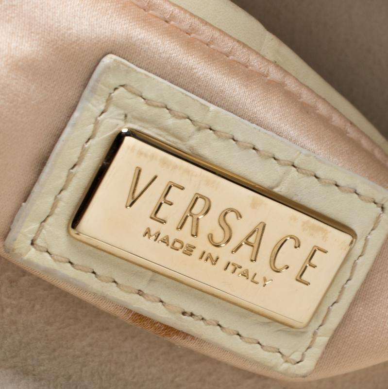 Versace Cream Croc Embossed Leather and Suede Medium Canyon Bag 2