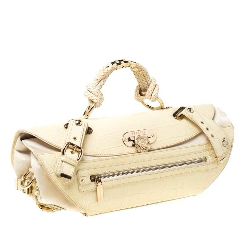Women's Versace Cream Croc Embossed Leather and Suede Medium Canyon Bag For Sale