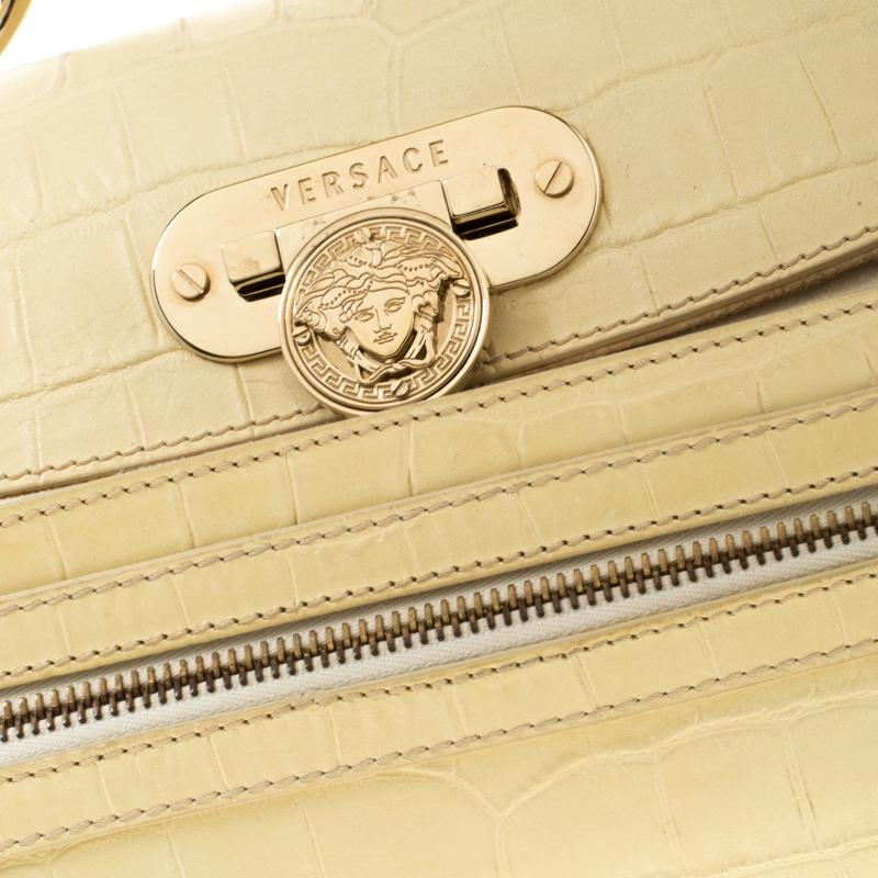 Beige Versace Cream Croc Embossed Leather and Suede Medium Canyon Bag