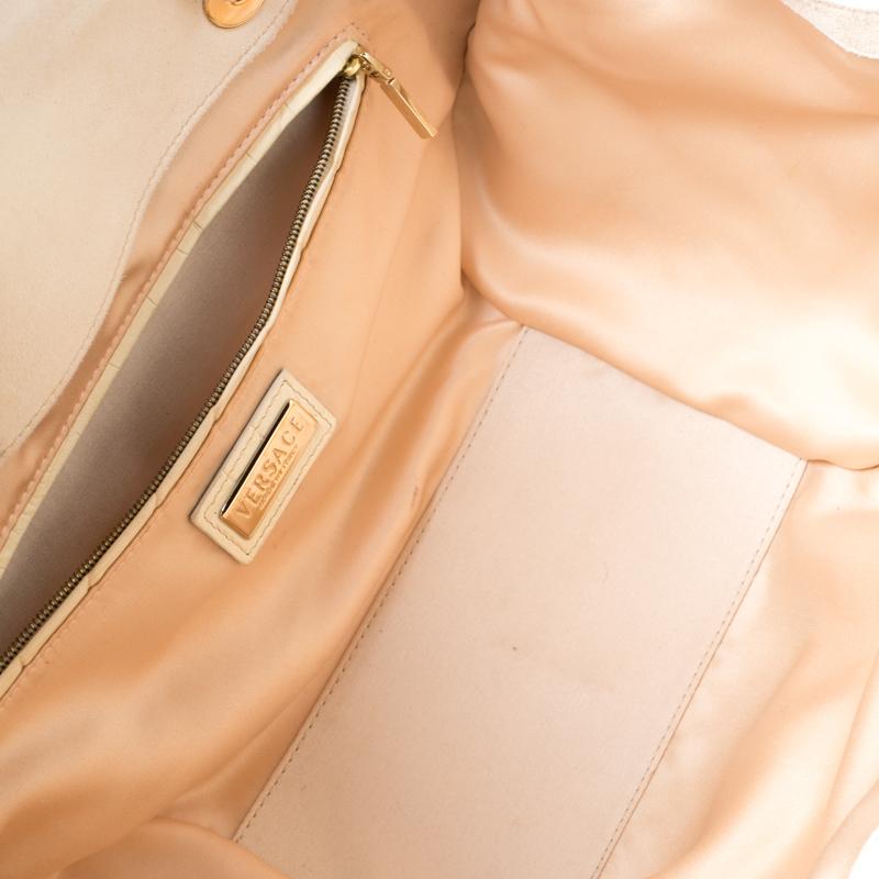 Versace Cream Croc Embossed Leather and Suede Medium Canyon Bag In Good Condition In Dubai, Al Qouz 2