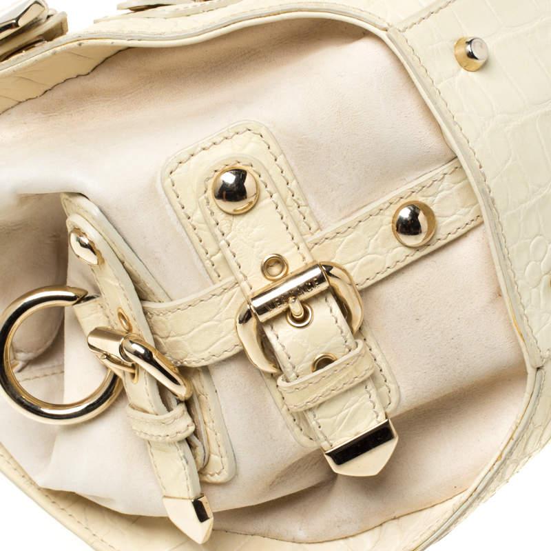 Versace Cream Croc Embossed Leather and Suede Medium Canyon Bag 2