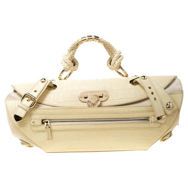 Versace Cream Croc Embossed Leather and Suede Medium Canyon Bag For Sale