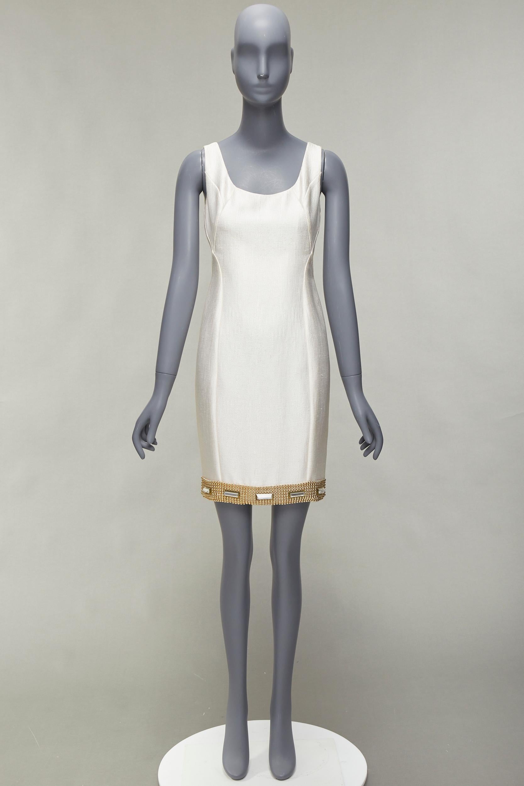 VERSACE cream gold bead clear crystal embellished hem shift dress IT38 XS For Sale 6