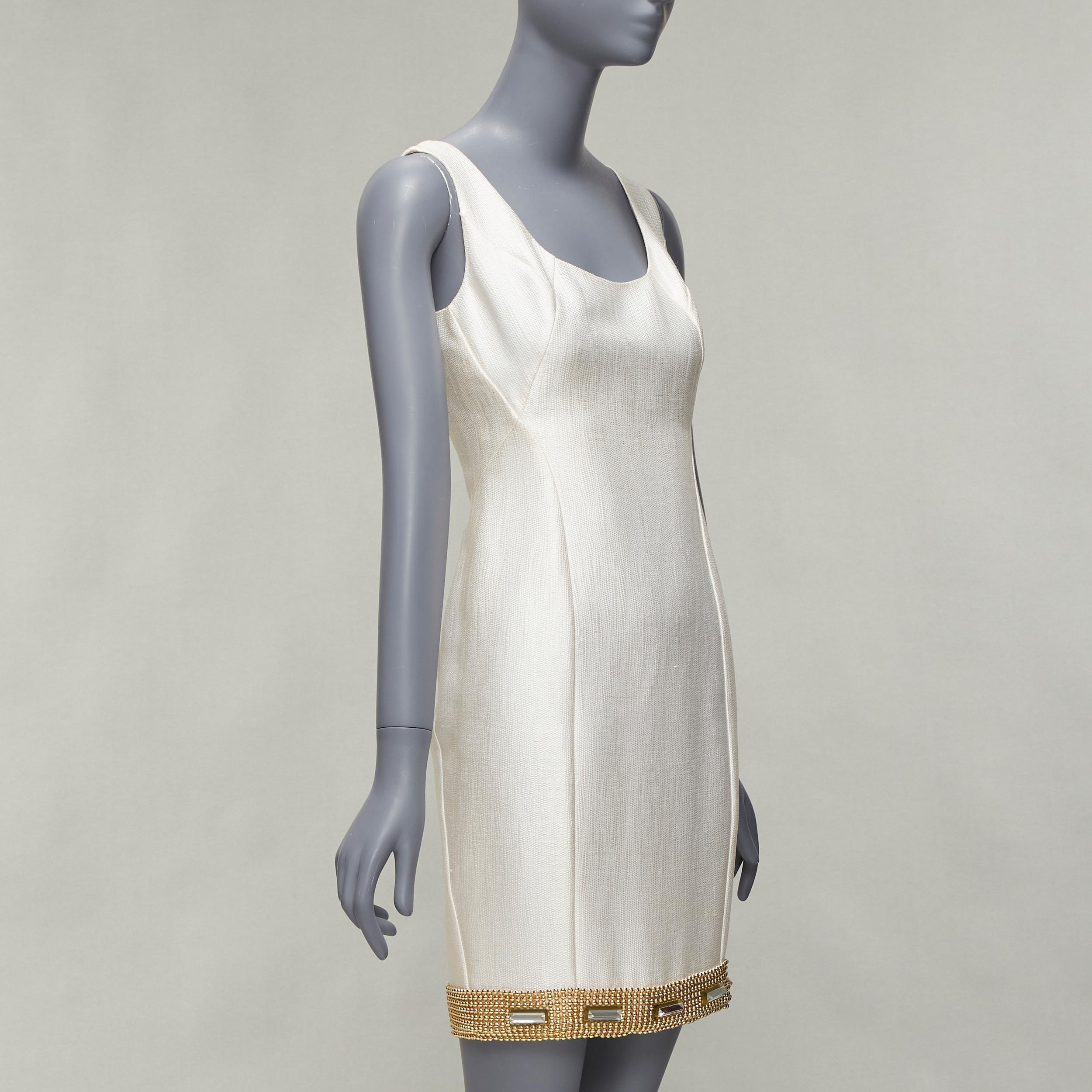 Gray VERSACE cream gold bead clear crystal embellished hem shift dress IT38 XS For Sale