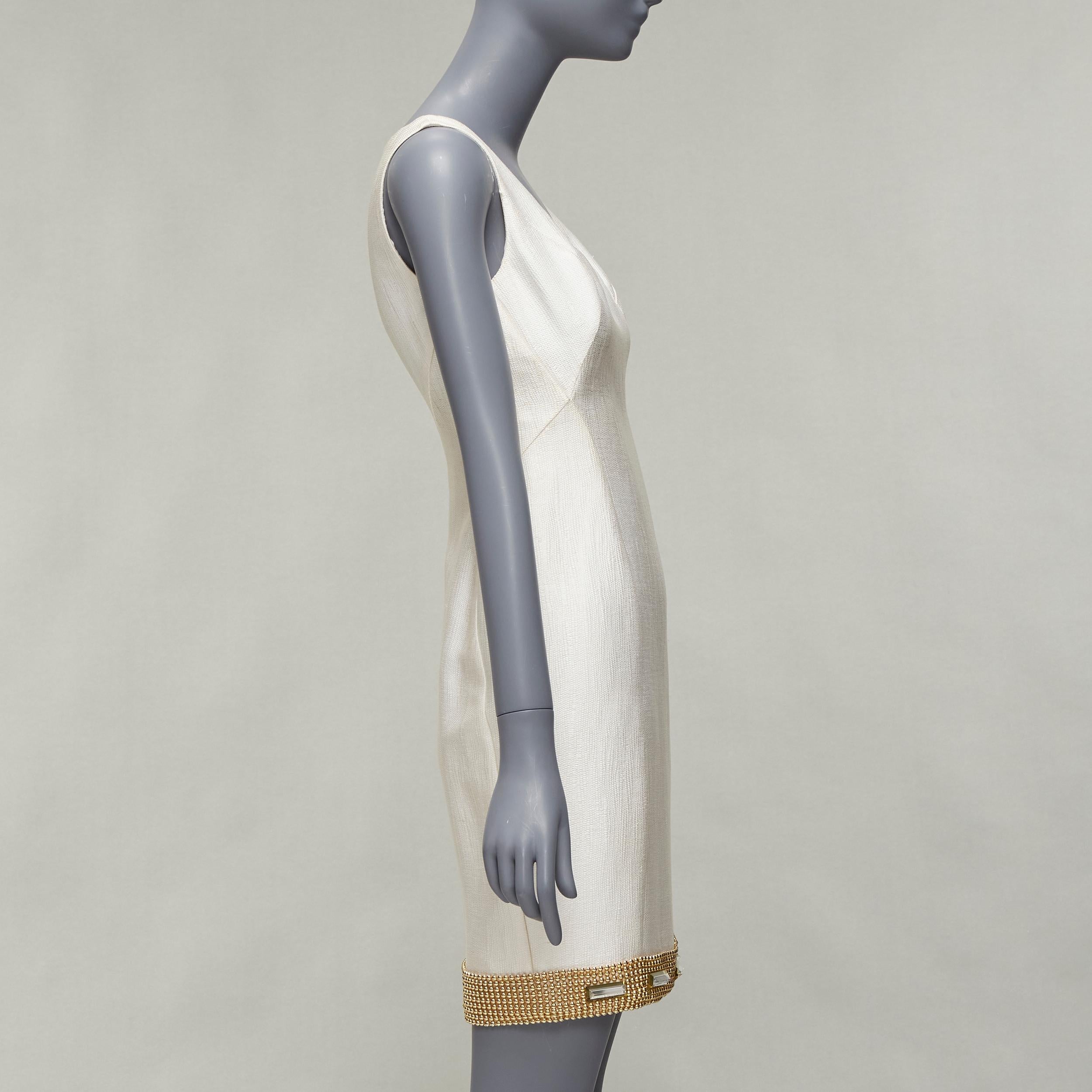 VERSACE cream gold bead clear crystal embellished hem shift dress IT38 XS In Good Condition For Sale In Hong Kong, NT