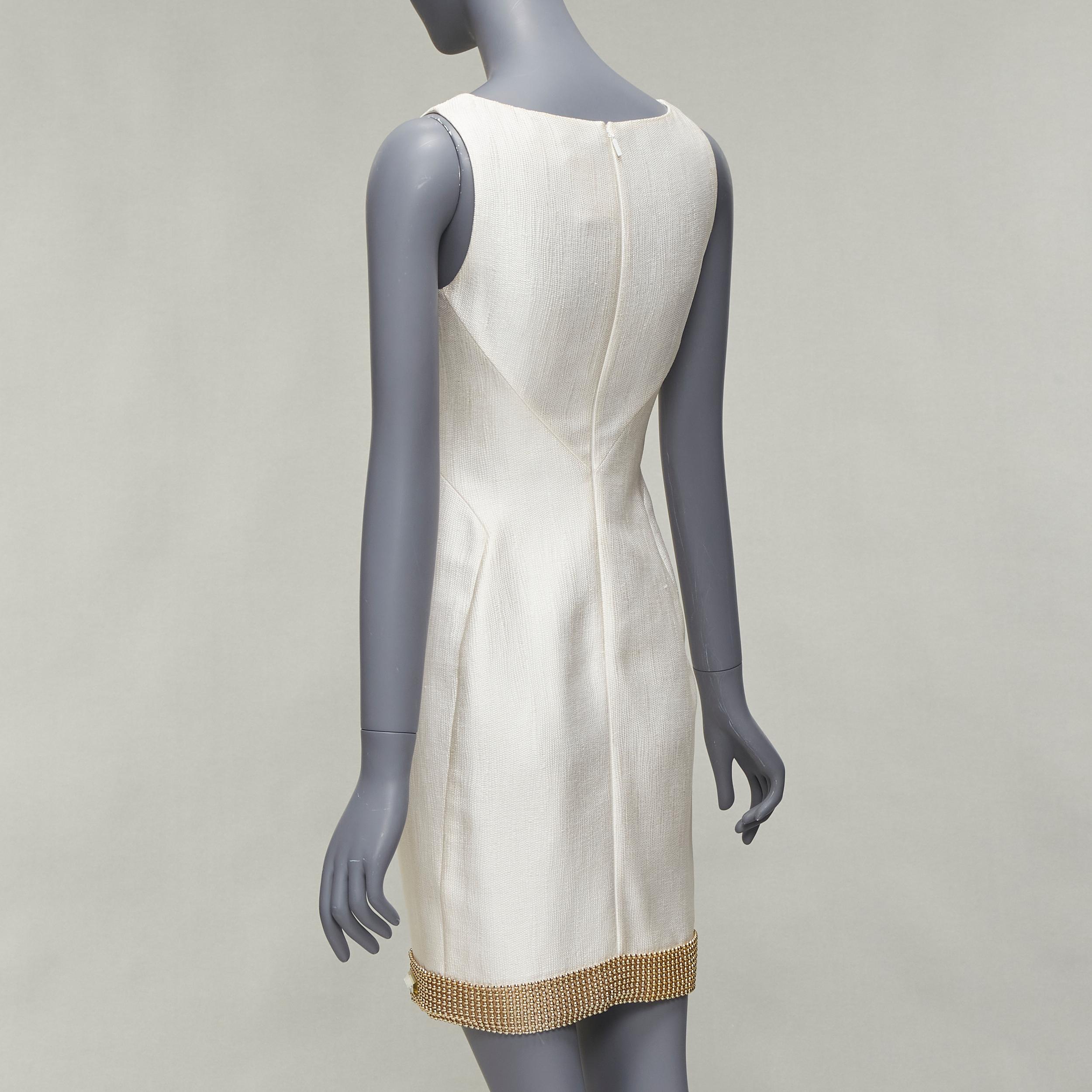 VERSACE cream gold bead clear crystal embellished hem shift dress IT38 XS For Sale 1