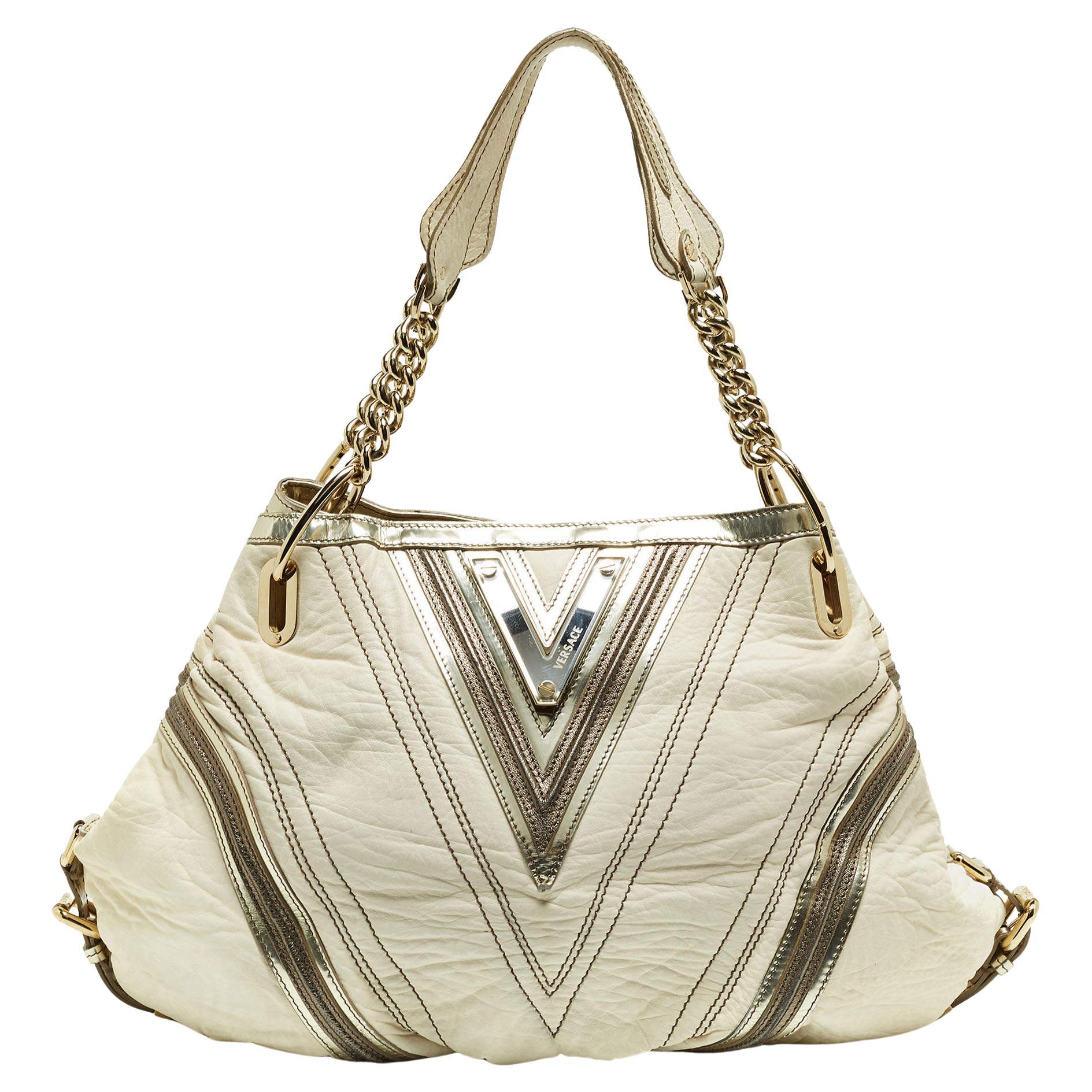 Versace Cream/Gold Leather Shoulder Bag For Sale