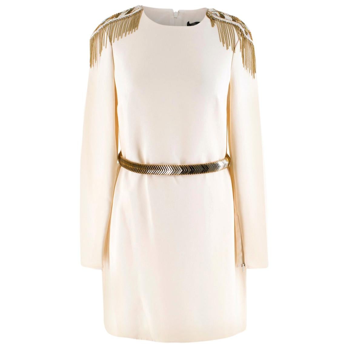 Versace Cream Mini Dress with Crystal Embellished Shoulders & Belt 40 IT