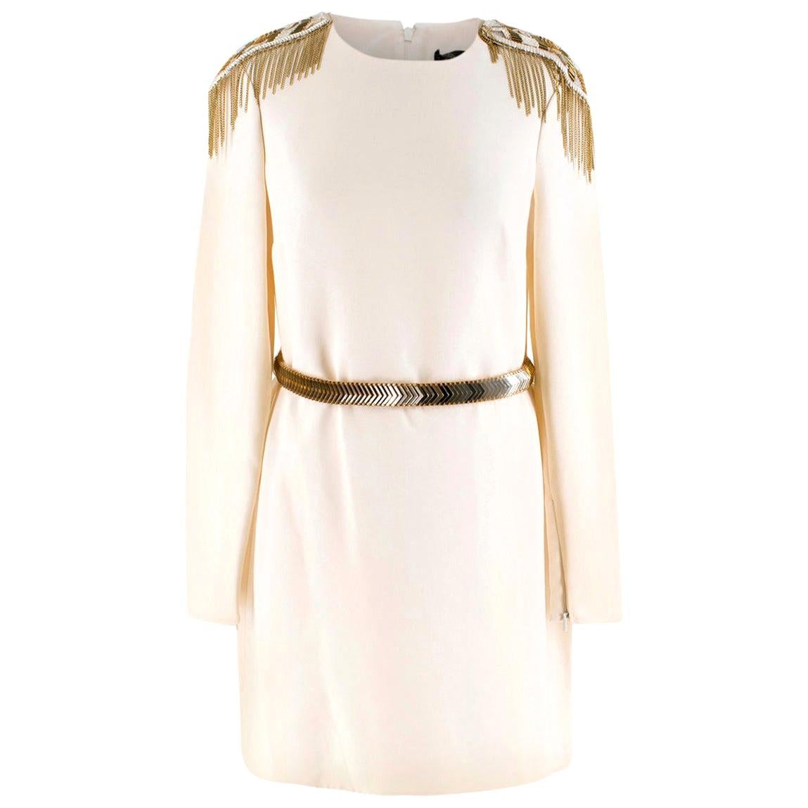 Versace Cream Mini Dress with Crystal Embellished Shoulders & Belt - Size US 4