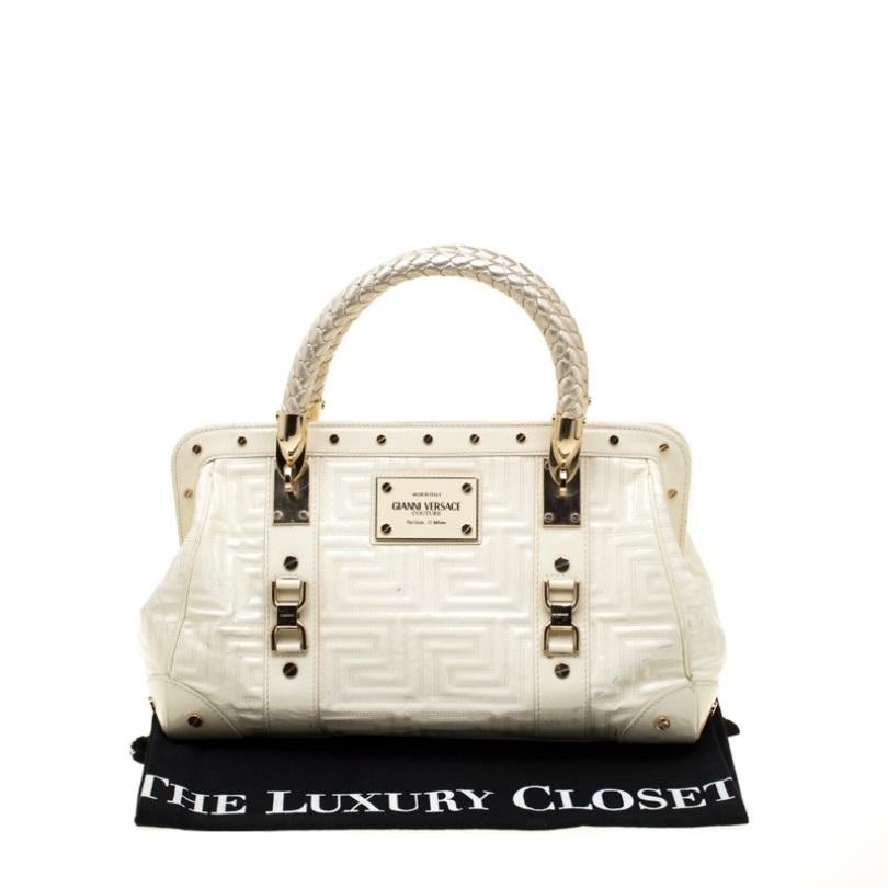 Versace Cream Quilted Patent Leather Snap Out Of It Satchel 6