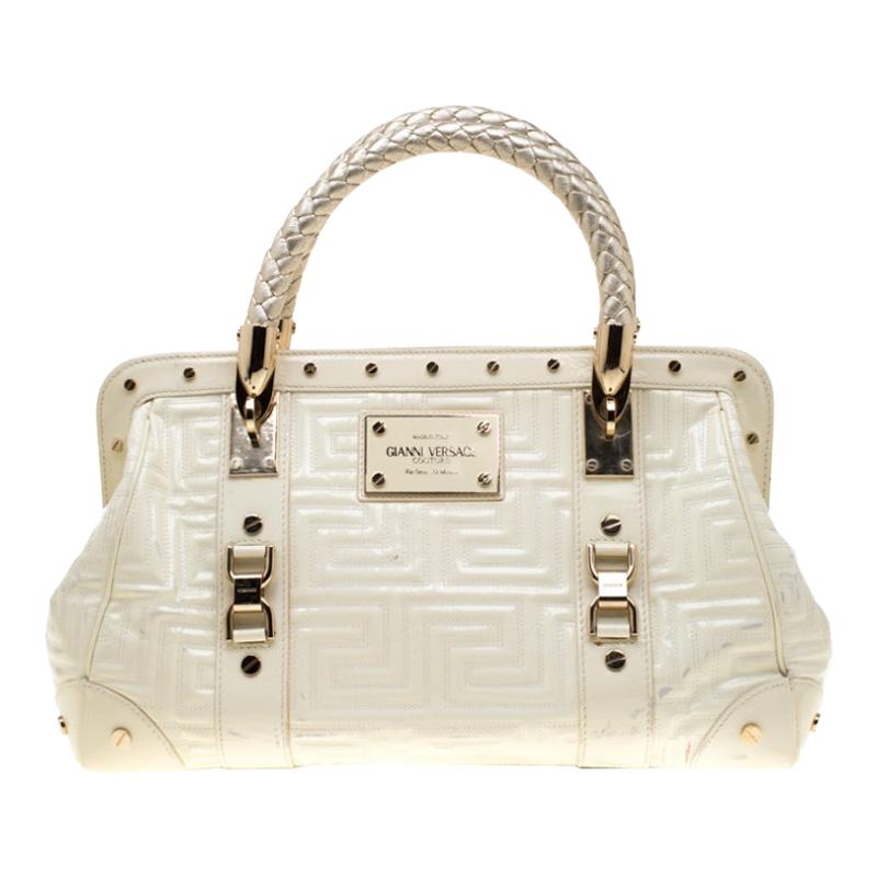 Versace Cream Quilted Patent Leather Snap Out Of It Satchel