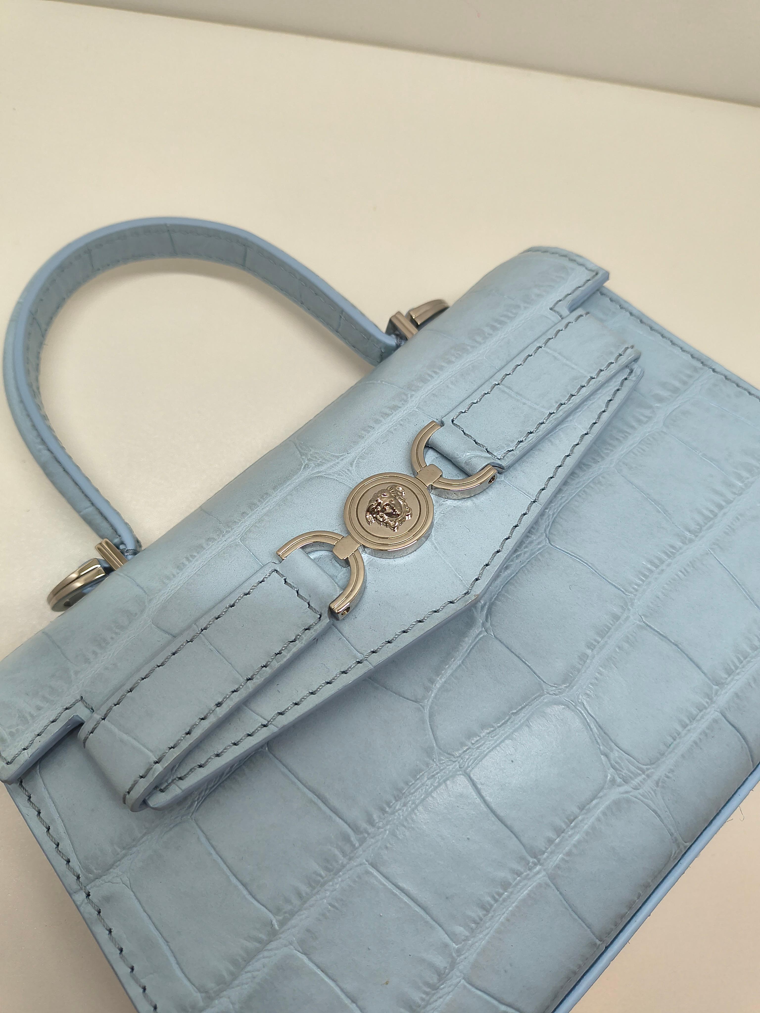 Women's Versace Croc-Effect Medusa '95 Small Handbag in Baby Blue For Sale