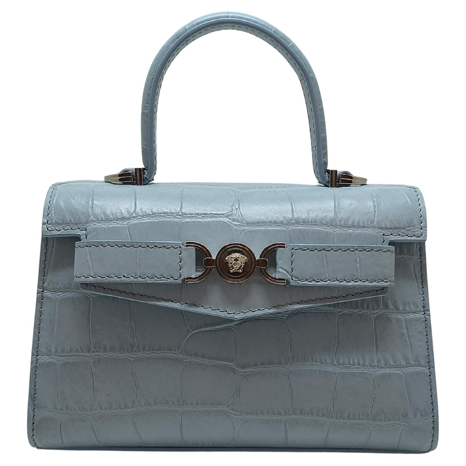 Versace Croc-Effect Medusa '95 Small Handbag in Baby Blue For Sale