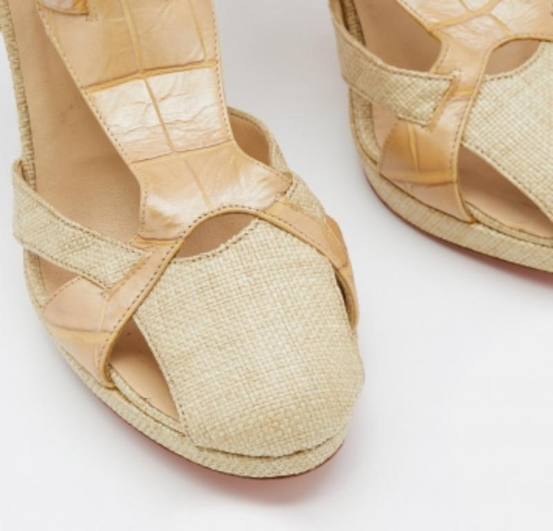 Women's Versace Croc Embossed Leather & Raffia Ankle Strap Platform Sandals Size 38 For Sale