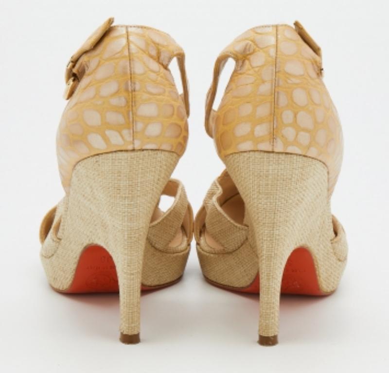 Versace Croc Embossed Leather & Raffia Ankle Strap Platform Sandals Size 38 For Sale 1