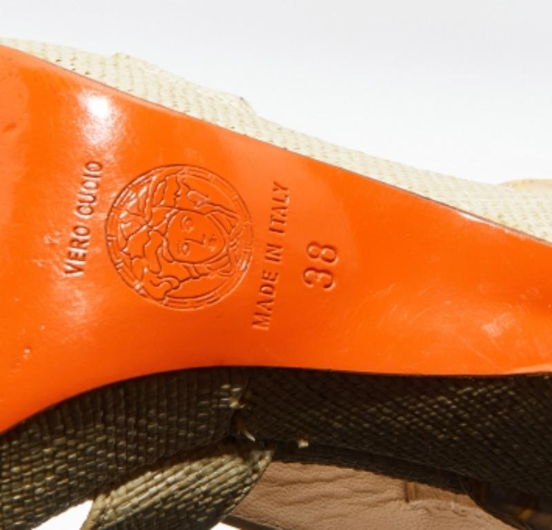 Versace Croc Embossed Leather & Raffia Ankle Strap Platform Sandals Size 38 For Sale 3