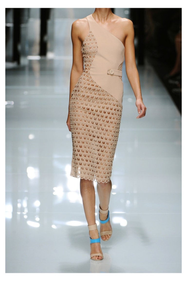 Versace Crocheted cotton and silk-cady one-shoulder nude dress For Sale