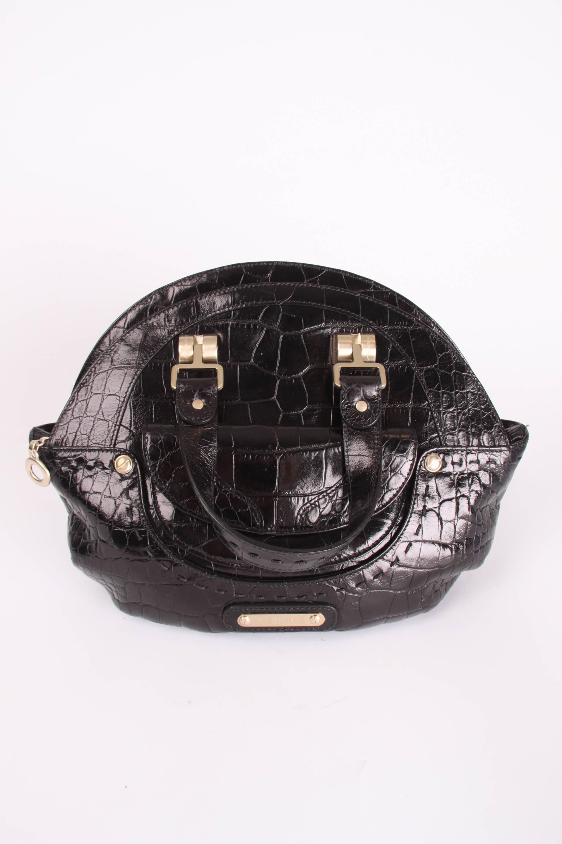 Versace Croco Print Leather Top Handle Bag - black  In Excellent Condition For Sale In Baarn, NL