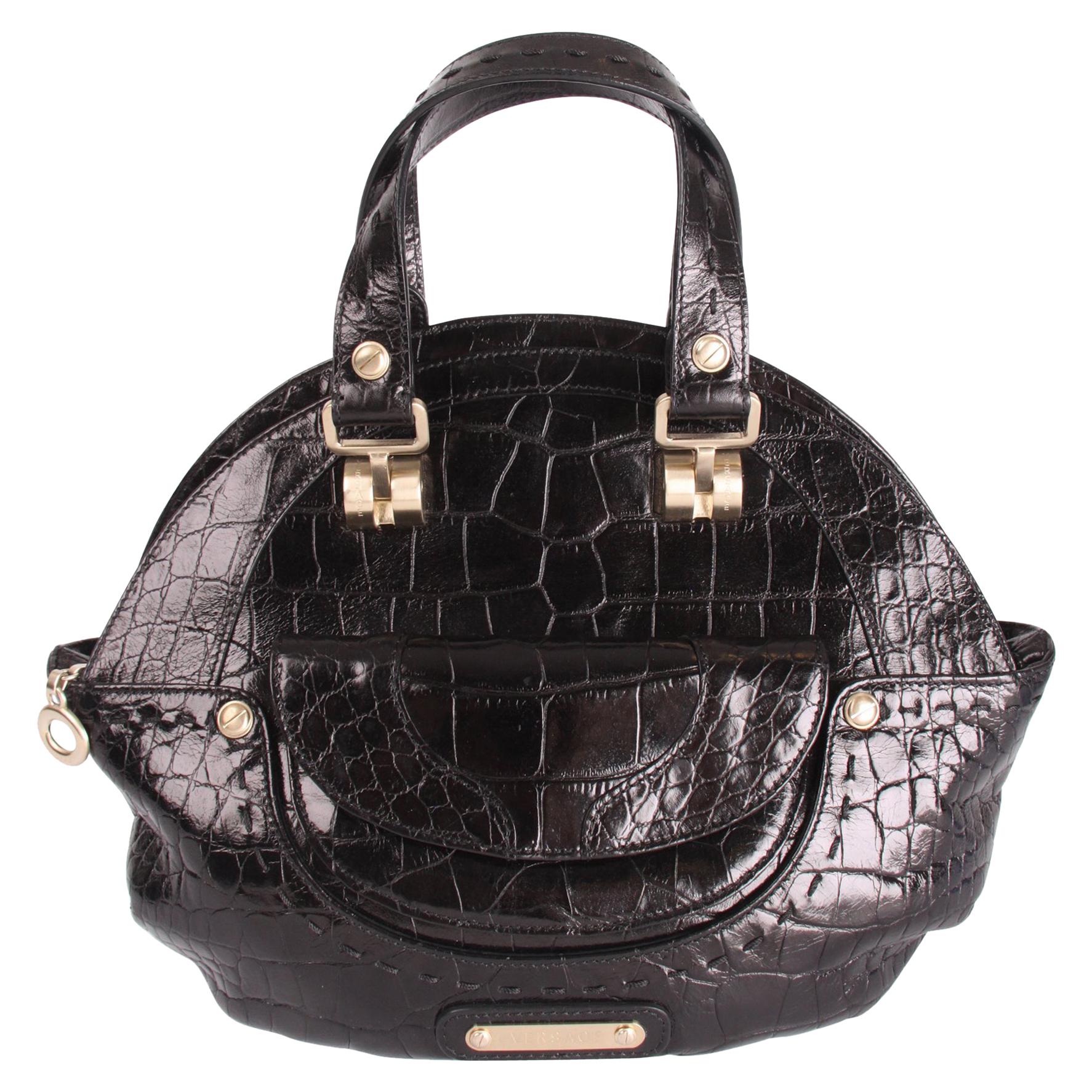 Versace Croco Print Leather Top Handle Bag - black  For Sale