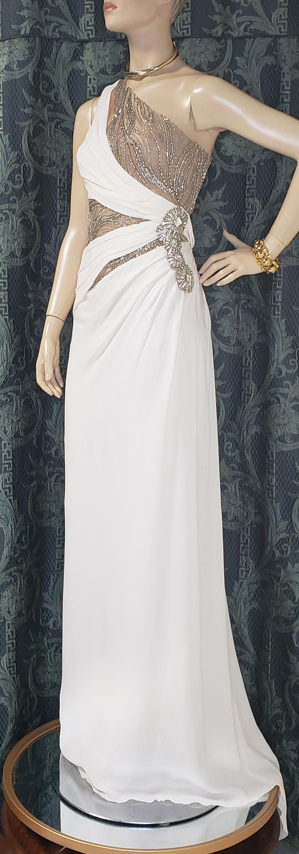VERSACE CRYSTAL EMBELLISHED WHITE SILK GOWN DRESS Sz IT 42 In Excellent Condition In Montgomery, TX