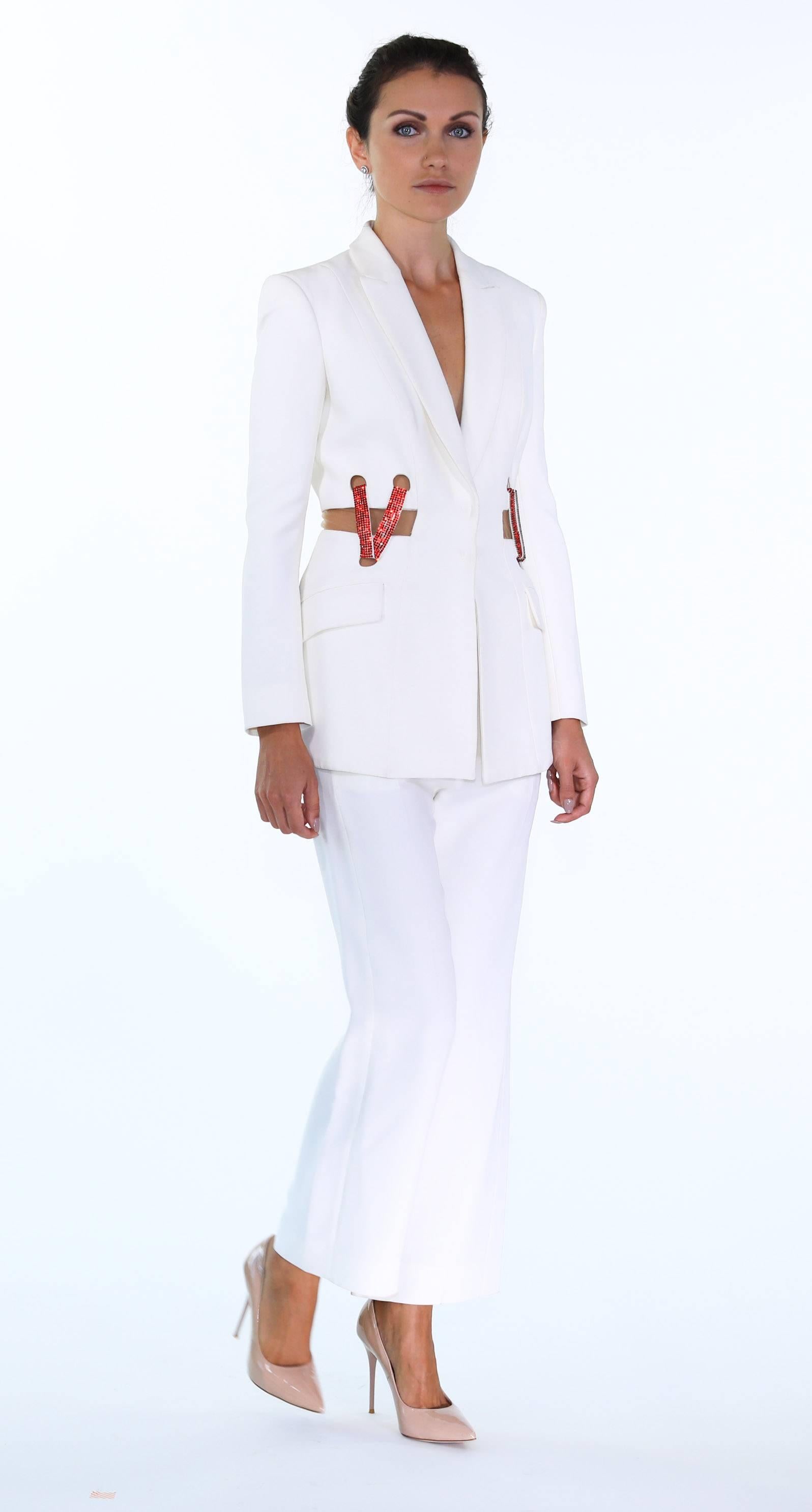 Versace Crystal embellished white silk pant suit Look #36, S/S 2015 Look #36  For Sale 8