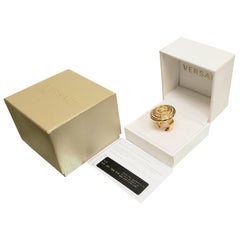 VERSACE CRYSTAL GOLD PLATED MEDUSA VANITAS DISC RING Size 7; 8.5; 9.5