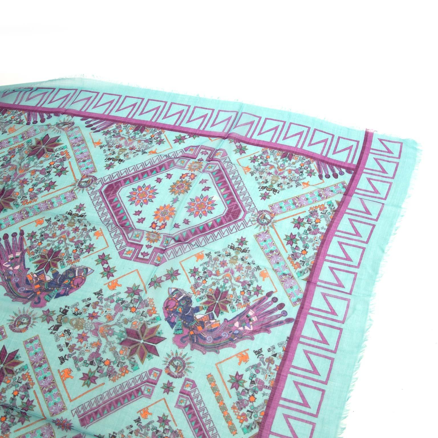 Versace Cyan Blue Native American Silk Modal Scarf In Excellent Condition In Antwerp, BE