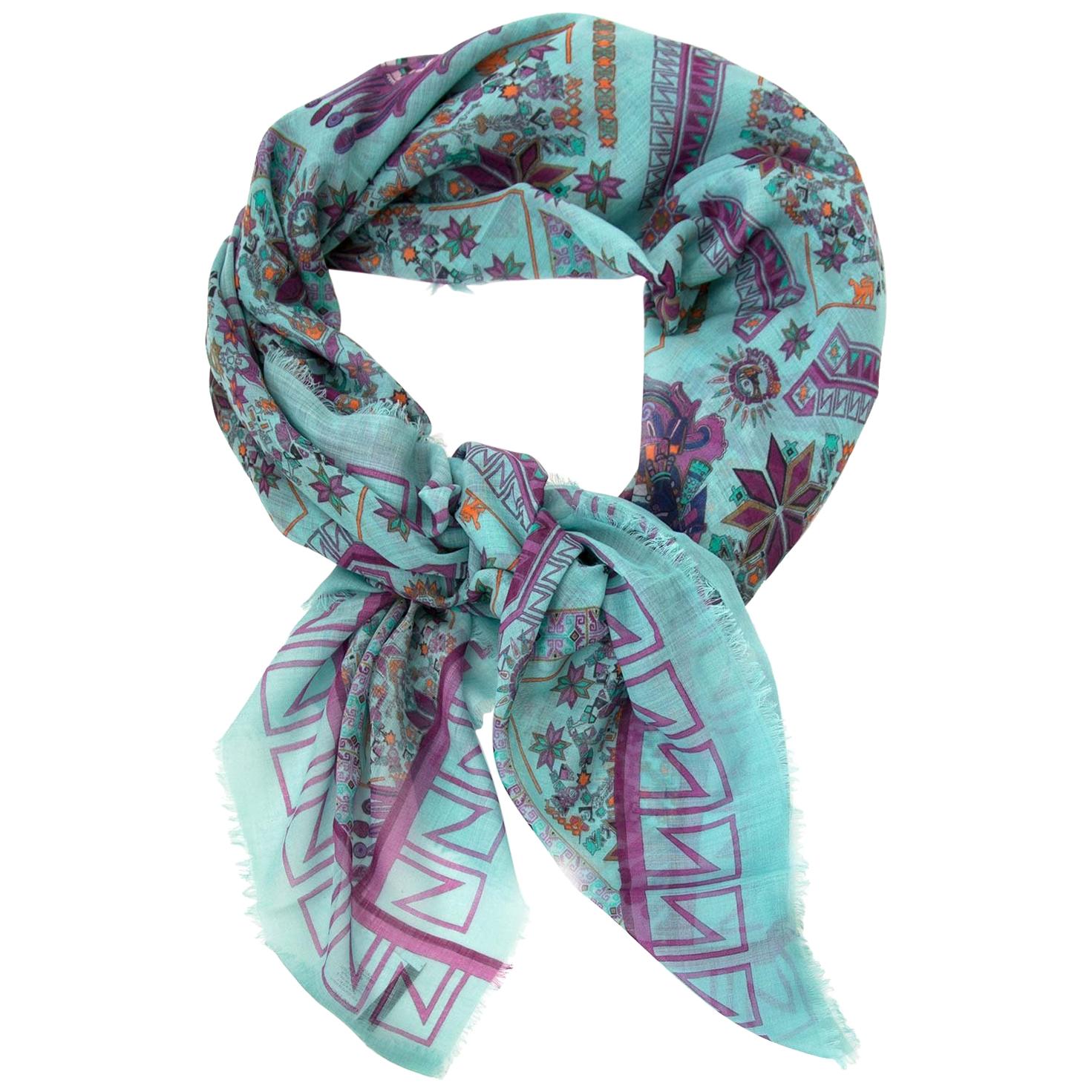 Versace Cyan Blue Native American Silk Modal Scarf
