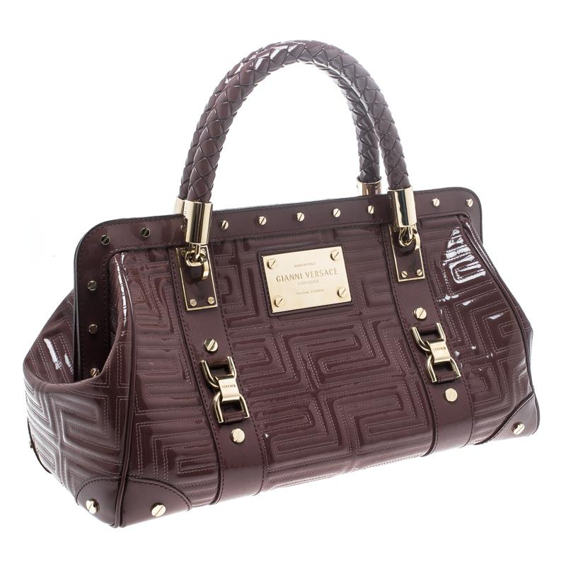 Black Versace Dark Beige Quilted Patent Leather Snap Out of It Satchel