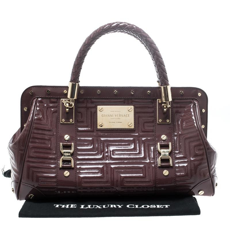 Versace Dark Beige Quilted Patent Leather Snap Out of It Satchel 4