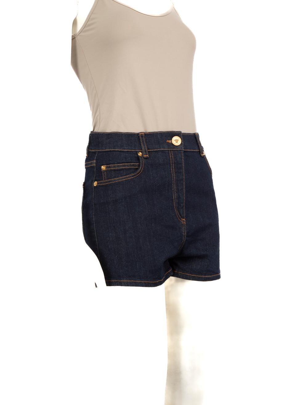 CONDITION is New with tags on this brand new Versace designer item.
  
  Details
  
  
  Dark blue
  
  Denim
  
  Shorts
  
  Mini
  
  Embroidered medusa logo at the back
  
  3x Front pockets
  
  2x Back pockets
  
  Fly button and zip
