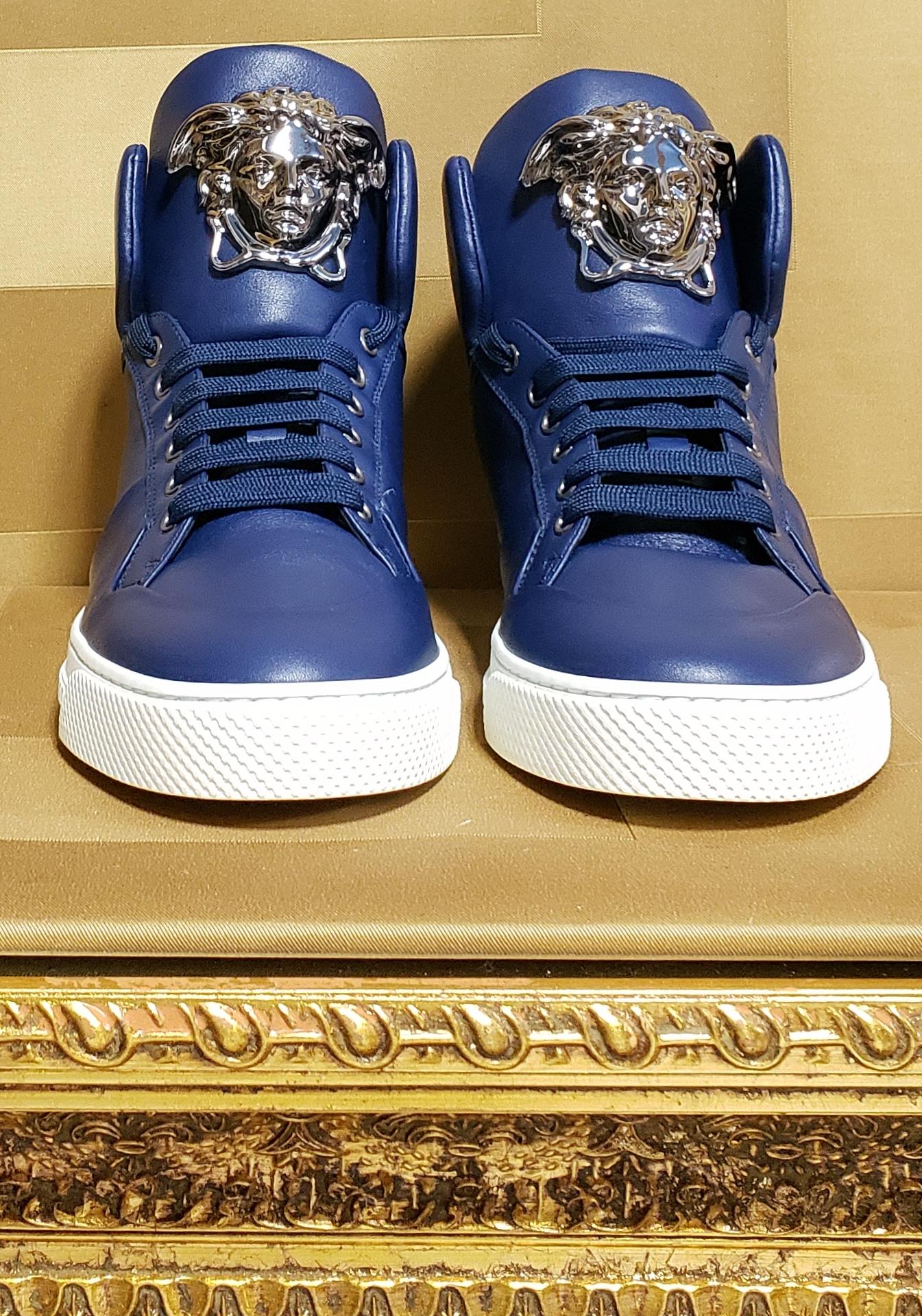 Blue VERSACE DARK BLUE LEATHER PALAZZO HIGH-TOP Sneakers