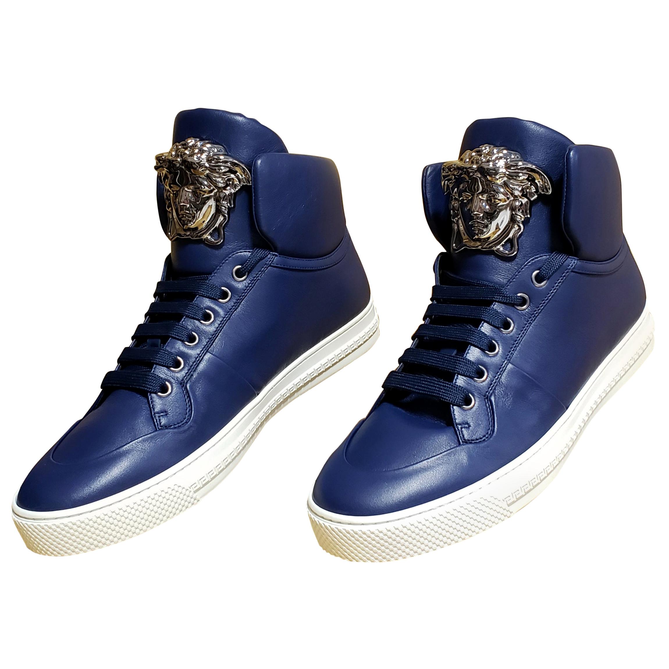 VERSACE DARK BLUE LEATHER PALAZZO HIGH-TOP Sneakers size IT39 - US 6 For Sale
