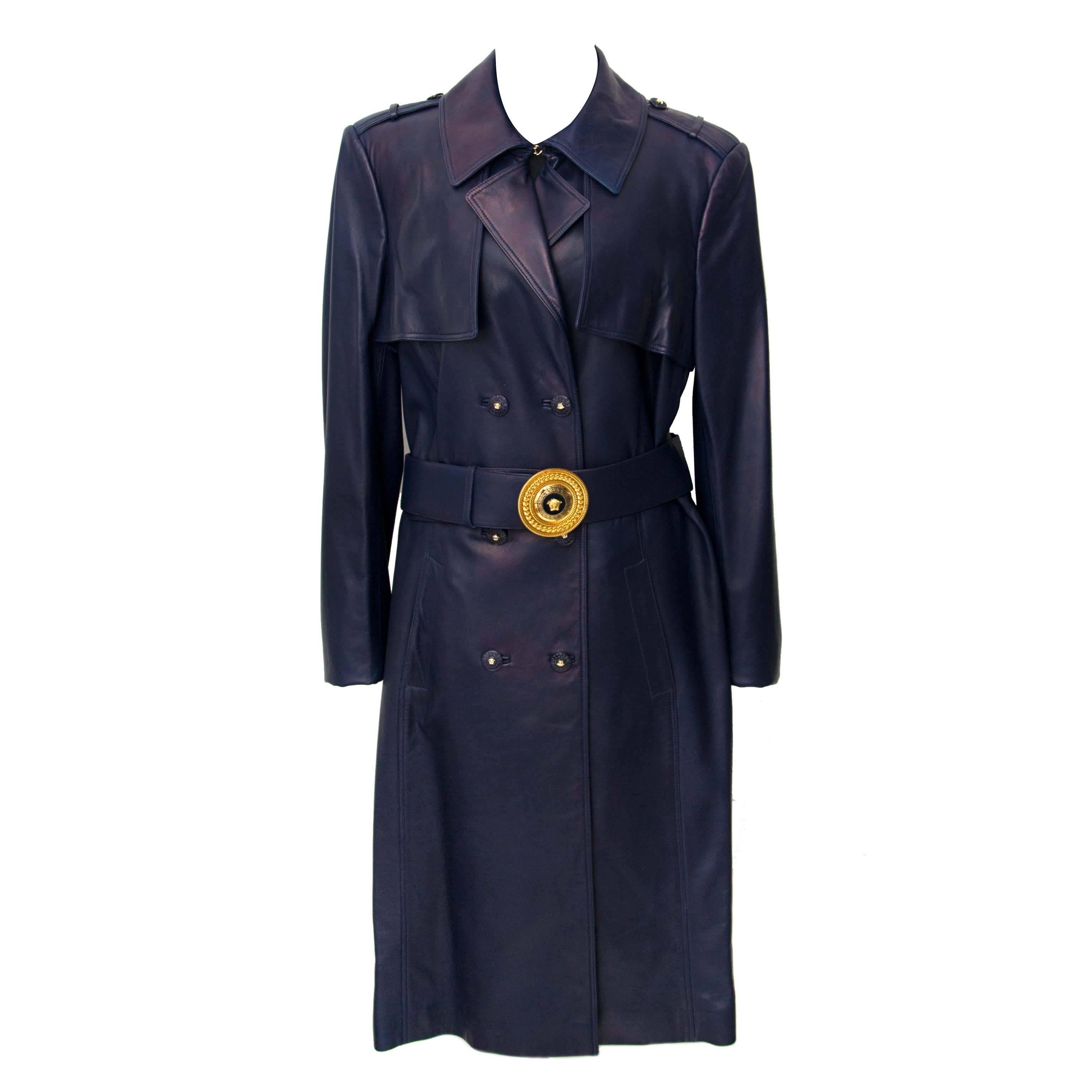 Versace Dark Blue Leather Trench Coat  For Sale