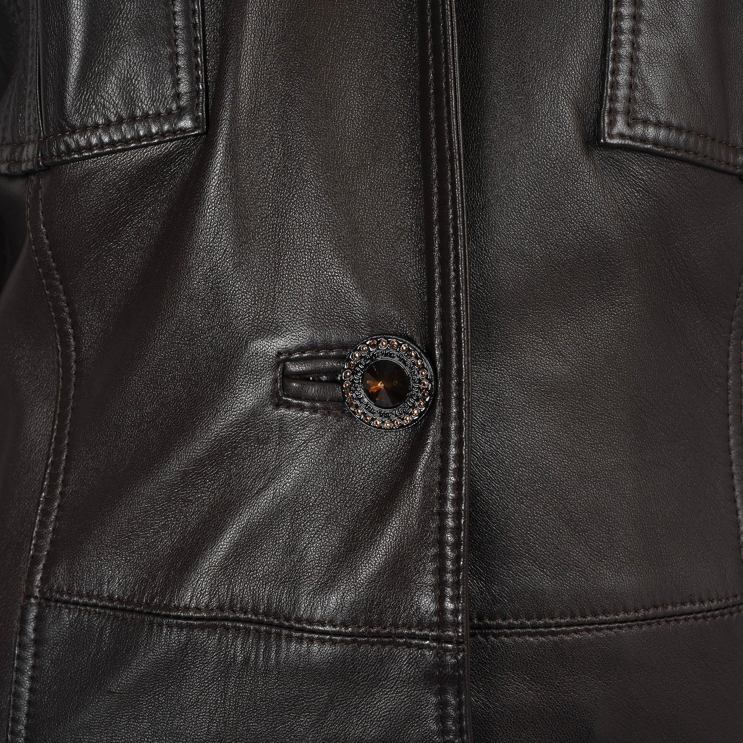 VERSACE dark brown 1990s LEATHER Coat Jacket 40 S For Sale 3