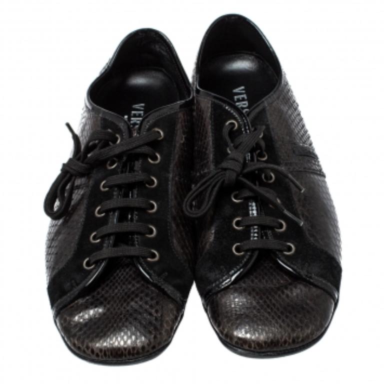 Men's Versace Dark Brown/Black Python and Suede Low Top Sneakers Size 44 For Sale