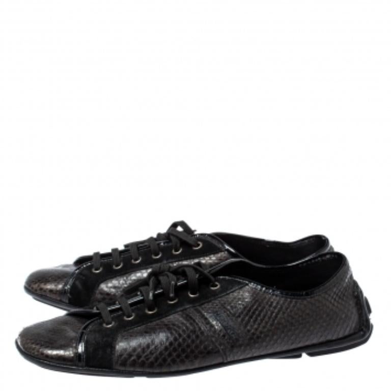 Versace Dark Brown/Black Python and Suede Low Top Sneakers Size 44 For Sale 2