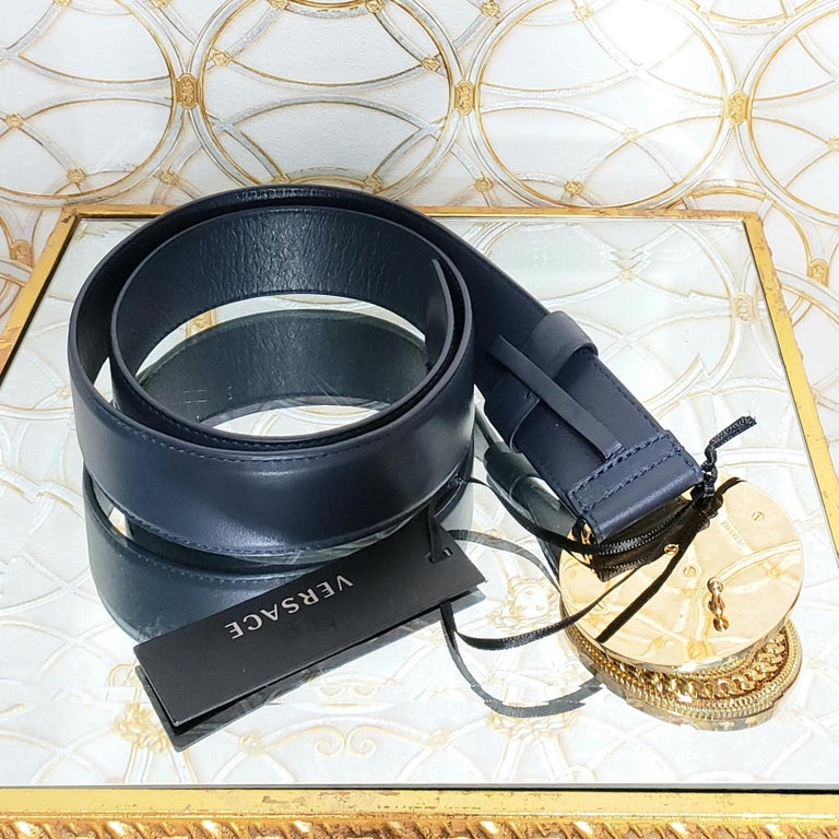 VERSACE DARK NAVY BLUE LEATHER GOLD PLATED MEDUSA Belt 85/34  display picture 2